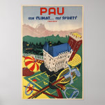 Pau, France/Vintage Art Deco Travel Poster<br><div class="desc">Pau,  son climat... ses sports,  France ( Pau,  its climate...  its sports,  France ) Golf,  tennis,  horses,  ski and casino in Pau,  located in the French Pyrenees. A high quality reproduction print of a rare Art Deco poster printed in stone-lithography circa 1935.</div>