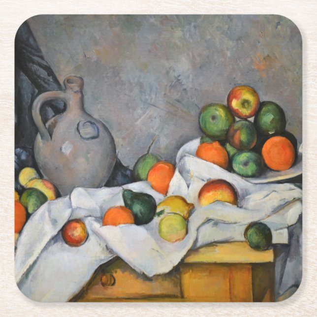 Paul Cezanne - Curtain, Jug and Fruit Bowl Square Paper Coaster (Front)