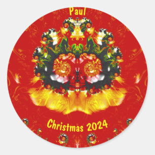 PAUL~ CHRISTMAS Red Green Yellow Fractal ~ Classic Round Sticker