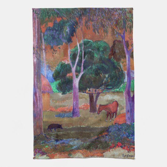 Paul Gauguin - Landscape with a Pig and a Horse Tea Towel (Vertical)