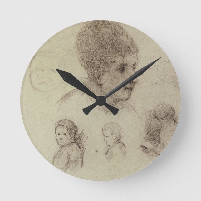 Paul Gauguin | Study of Heads, 1884 (black chalk o Round Clock (Front)