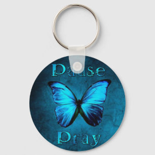 Pause Pray Blue Butterfly Key Ring