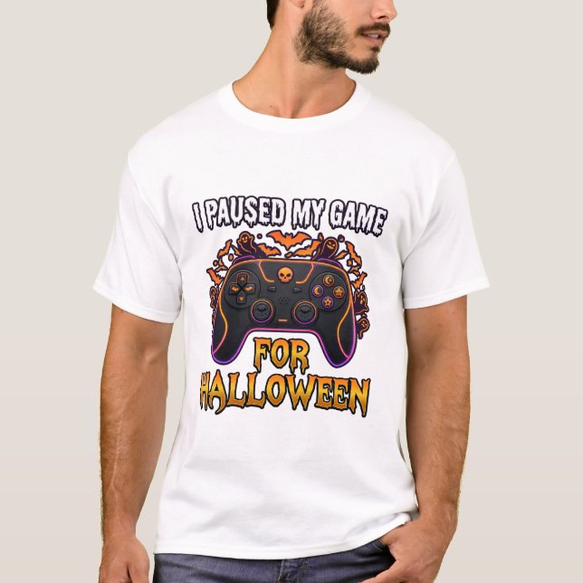 Paused Game Halloween Controller Bats Ghosts_1 T-Shirt (Front)