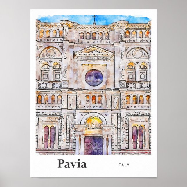 Pavia Italy Travel Watercolor Hand Drawn Poster (Front)