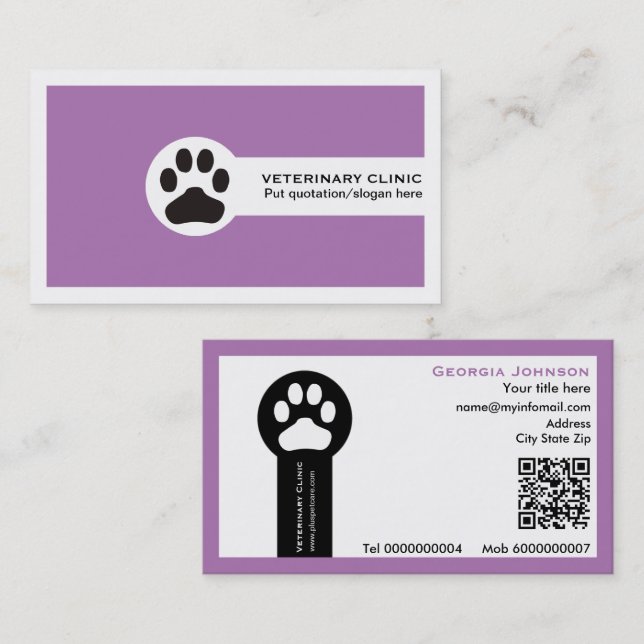 Paw and QR code purple Vet/Veterinary Clinic  Business Card (Front/Back)