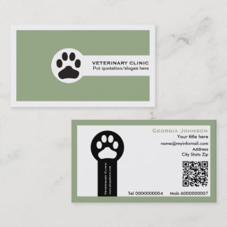 Paw and QR code sage green Vet/Veterinary Clinic  Business Card