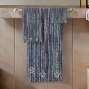 Paw Animal Prints and Blue Stripes Bath Towel Set