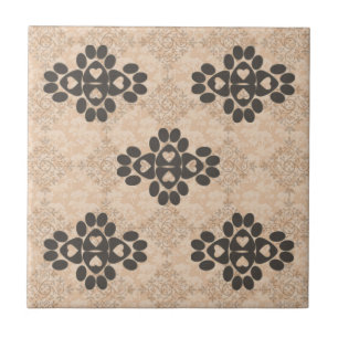 Paw Checkerboard Pentagon Design Hearts Brown Tile