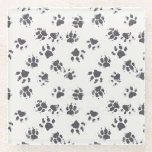 Paw Footprints: Dog Monochrome Seamless. Glass Coaster