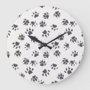 Paw Footprints: Dog Monochrome Seamless. Large Clock