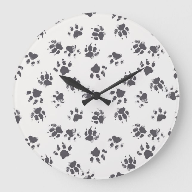 Paw Footprints: Dog Monochrome Seamless. Large Clock (Front)