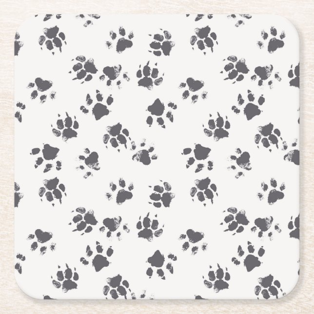 Paw Footprints: Dog Monochrome Seamless. Square Paper Coaster (Front)