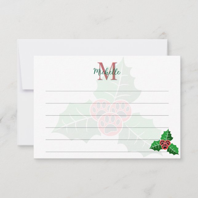 Paw Holly Leaves Christmas Custom Monogram Lined Card (Front)