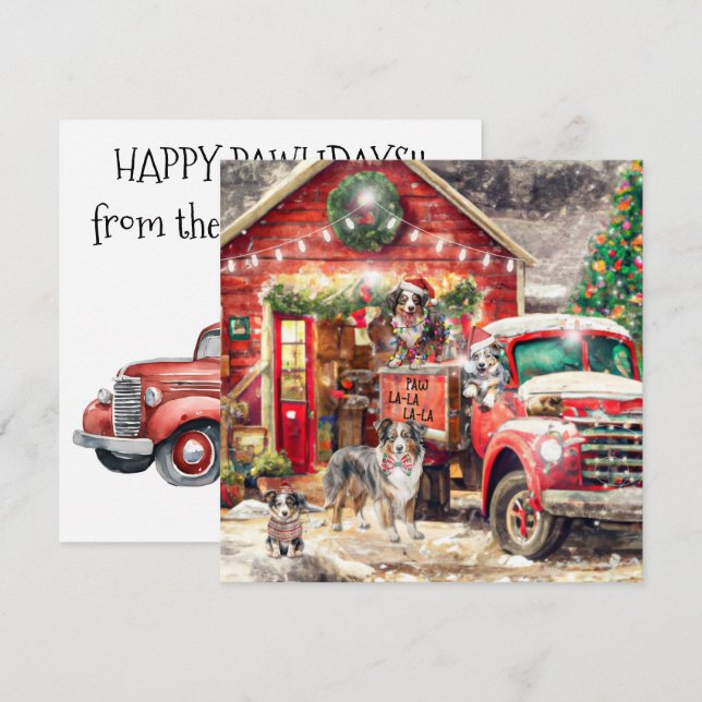 Paw-la-la-la-la, Christmas, Aussie Dogs, Red Truck Holiday Card (Front/Back)