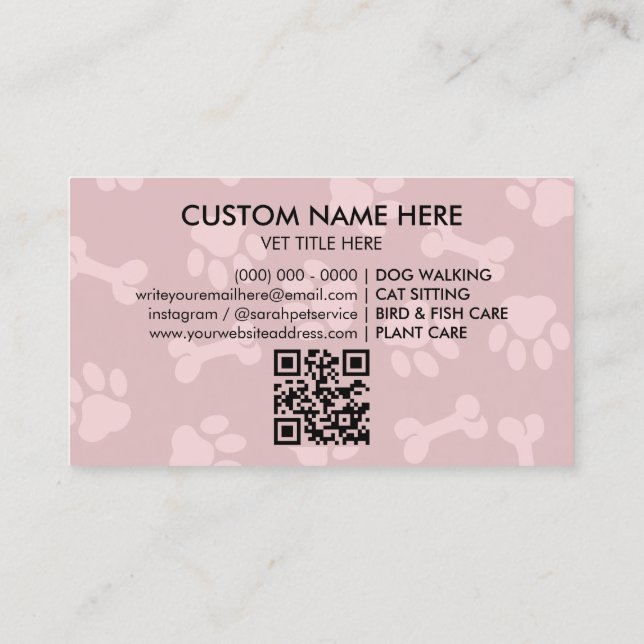 Paw Logo in heart Pet Groomer qr code Business Card (Back)