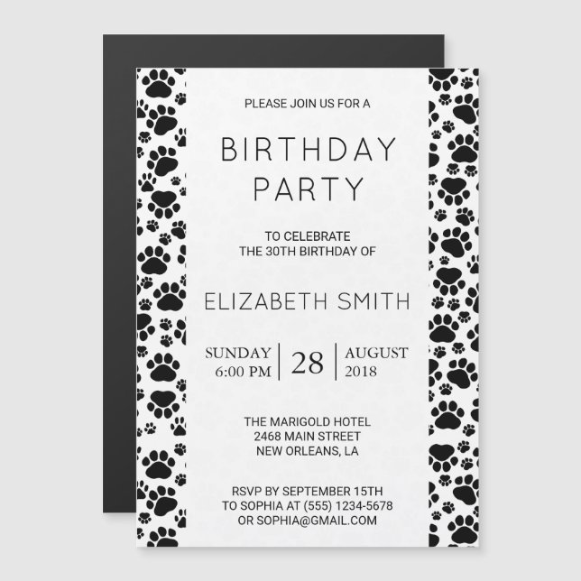 Paw Pattern, Dog Paws, Black and White, Birthday Magnetic Invitation (Front/Back)