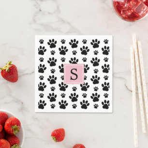Paw Pattern, Dog Paws, Black and White, Monogram Napkin