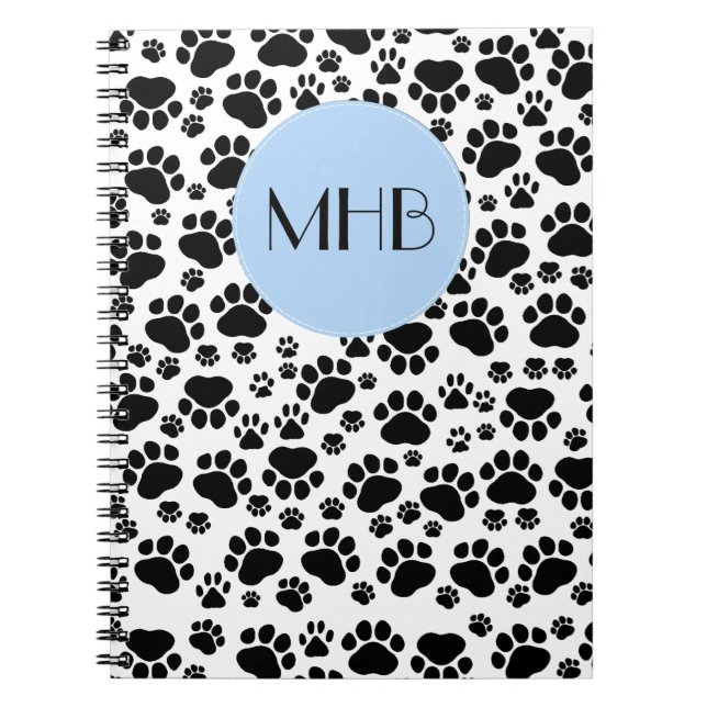 Paw Pattern, Dog Paws, Black and White, Monogram Spiral Notebook (Front)