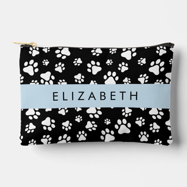 Paw Pattern, Dog Paws, Black and White, Your Name Accessory Pouch (Front)