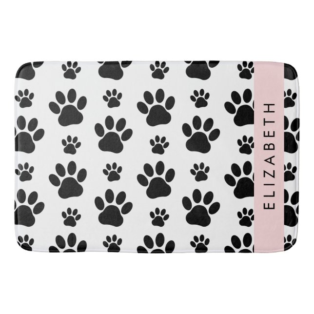 Paw Pattern, Dog Paws, Black and White, Your Name Bath Mat (Front)