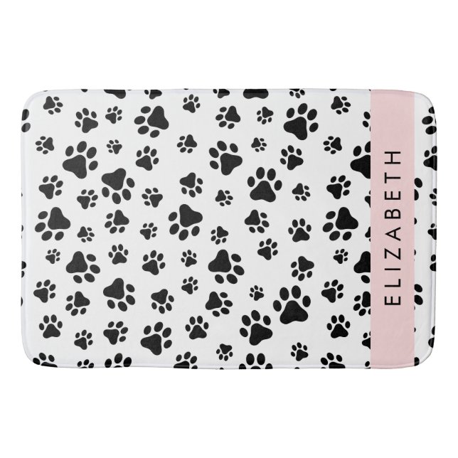 Paw Pattern, Dog Paws, Black and White, Your Name Bath Mat (Front)