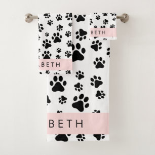 Paw Pattern, Dog Paws, Black and White, Your Name Bath Towel Set