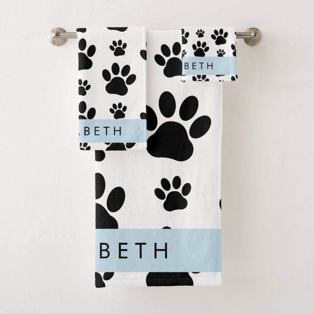 Paw Pattern, Dog Paws, Black and White, Your Name Bath Towel Set (Insitu)