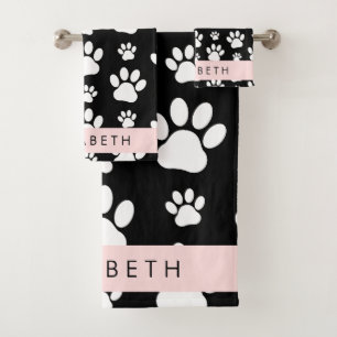Paw Pattern, Dog Paws, Black and White, Your Name Bath Towel Set