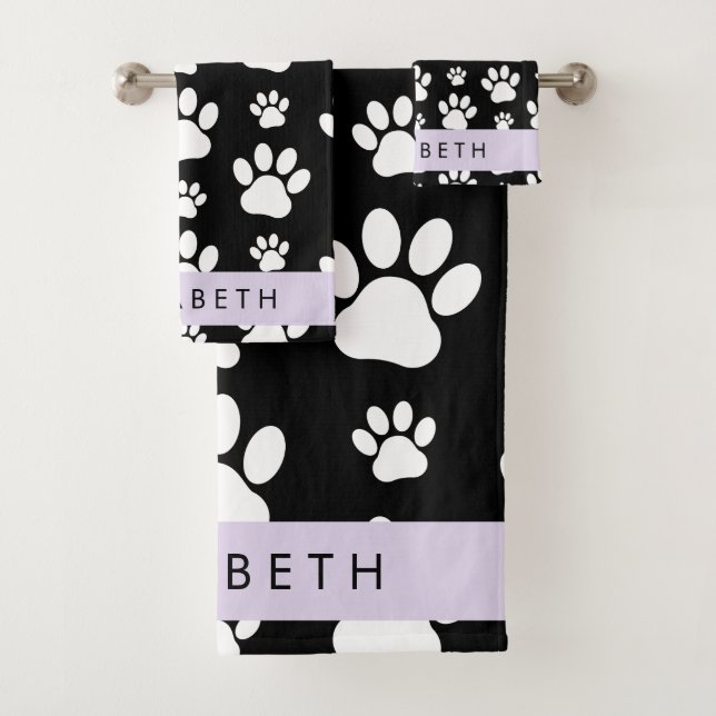 Paw Pattern, Dog Paws, Black and White, Your Name Bath Towel Set (Insitu)