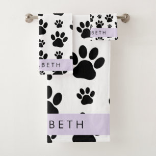 Paw Pattern, Dog Paws, Black and White, Your Name Bath Towel Set