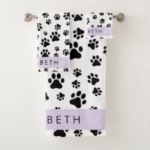 Paw Pattern, Dog Paws, Black and White, Your Name Bath Towel Set
