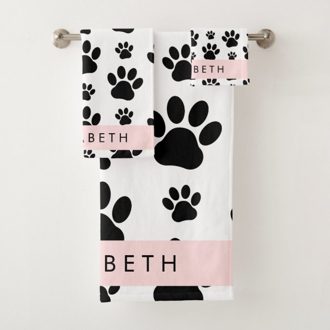 Paw Pattern, Dog Paws, Black and White, Your Name Bath Towel Set (Insitu)