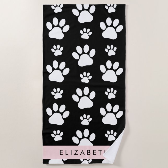 Paw Pattern, Dog Paws, Black and White, Your Name Beach Towel (Front)