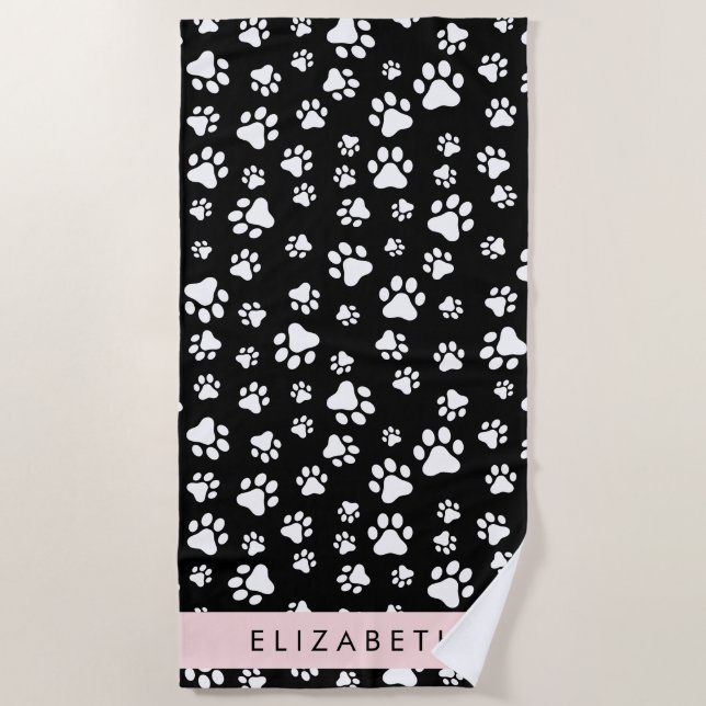 Paw Pattern, Dog Paws, Black and White, Your Name Beach Towel (Front)