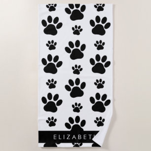 Paw Pattern, Dog Paws, Black and White, Your Name Beach Towel