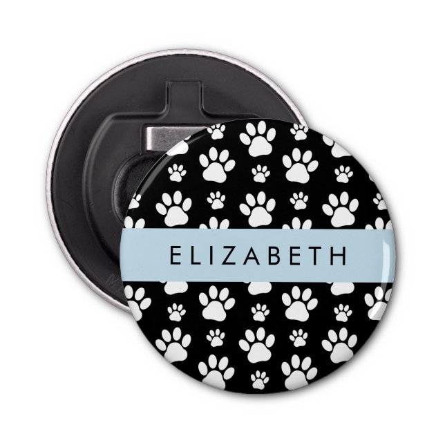 Paw Pattern, Dog Paws, Black and White, Your Name Bottle Opener (Front)
