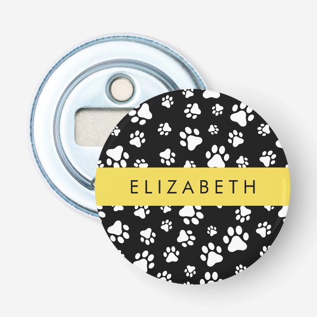 Paw Pattern, Dog Paws, Black and White, Your Name Bottle Opener (Front)