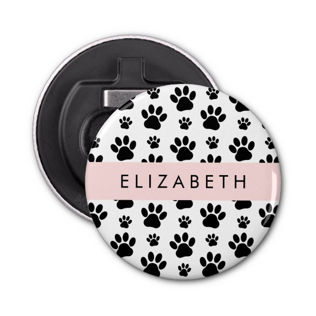 Paw Pattern, Dog Paws, Black and White, Your Name Bottle Opener (Front)
