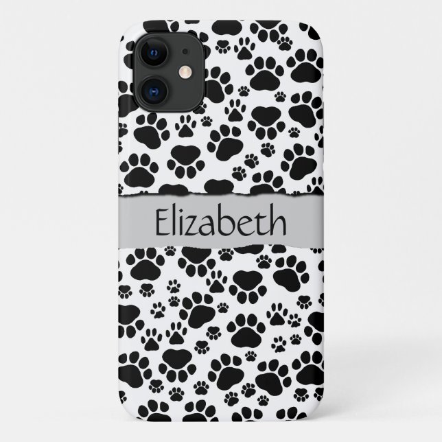 Paw Pattern, Dog Paws, Black and White, Your Name Case-Mate iPhone Case (Back)
