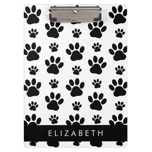 Paw Pattern, Dog Paws, Black and White, Your Name Clipboard (Front)