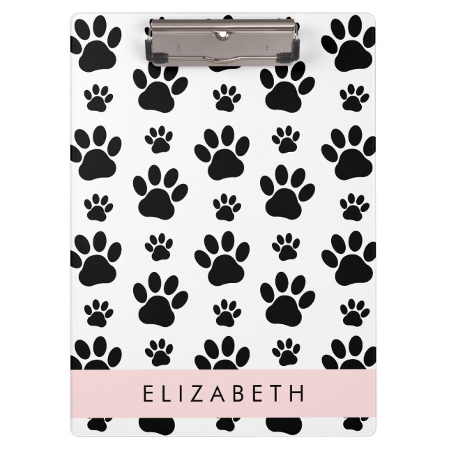 Paw Pattern, Dog Paws, Black and White, Your Name Clipboard (Front)