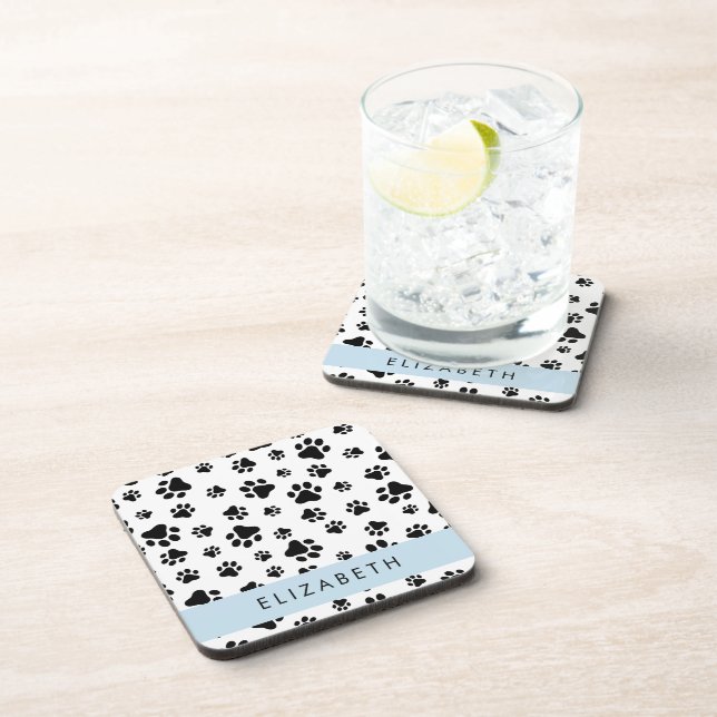 Paw Pattern, Dog Paws, Black and White, Your Name Coaster (Right Side)