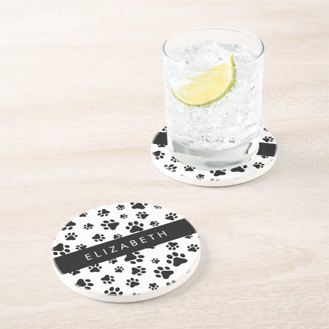 Paw Pattern, Dog Paws, Black and White, Your Name Coaster (Side)