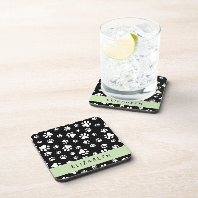 Paw Pattern, Dog Paws, Black and White, Your Name Coaster (Right Side)