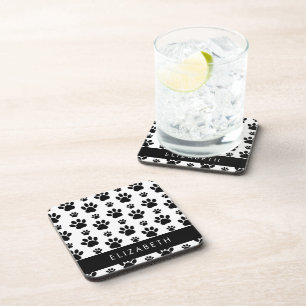 Paw Pattern, Dog Paws, Black and White, Your Name Coaster
