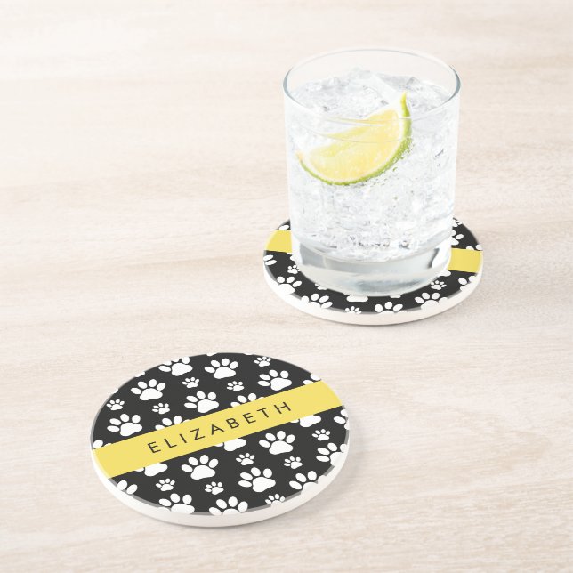 Paw Pattern, Dog Paws, Black and White, Your Name Coaster (Side)