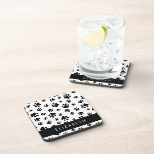 Paw Pattern, Dog Paws, Black and White, Your Name Coaster