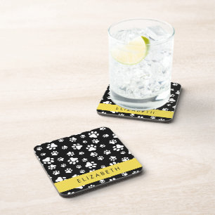Paw Pattern, Dog Paws, Black and White, Your Name Coaster