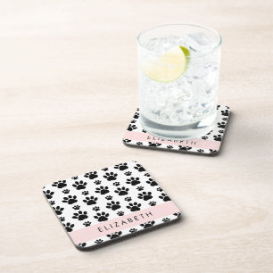 Paw Pattern, Dog Paws, Black and White, Your Name Coaster