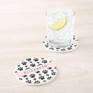 Paw Pattern, Dog Paws, Black and White, Your Name Coaster